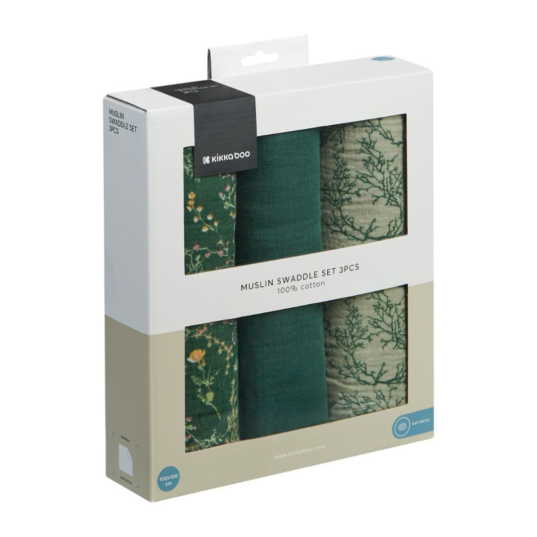 KikkaBoo® Povijalne pleničke iz muslina 3 kosi 100x100 cm Secret Garden Green KikkaBoo