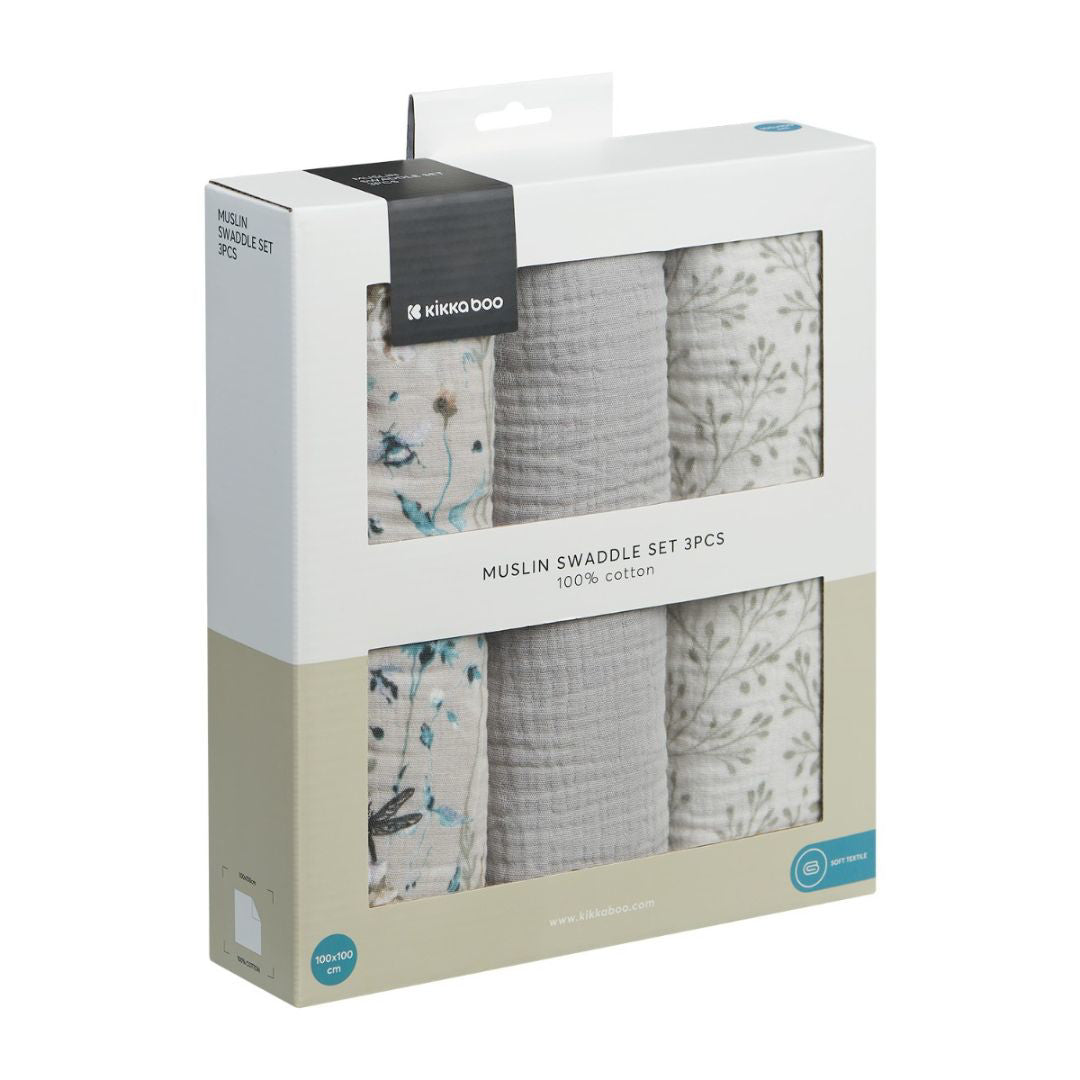 KikkaBoo® Povijalne pleničke iz muslina 3 kosi 100x100 cm Dreamy Fields Grey KikkaBoo