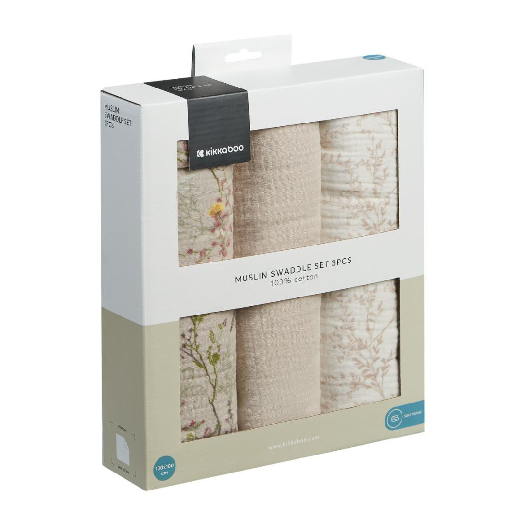 KikkaBoo® Povijalne pleničke iz muslina 3 kosi 100x100 cm Secret Garden Beige KikkaBoo