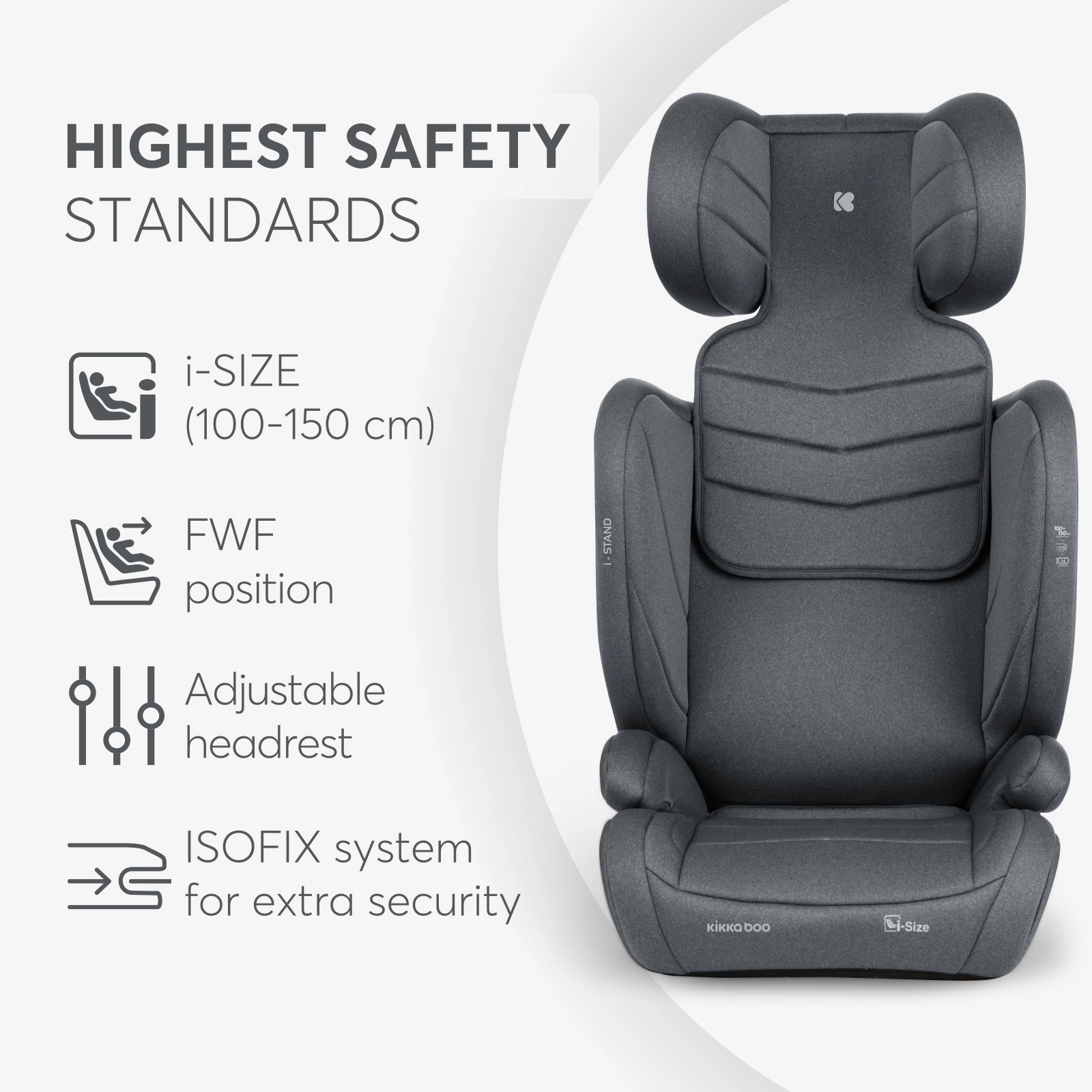 KikkaBoo® Otroški avtosedež i-Stand i-SIZE (100-150 cm) Dark Grey KikkaBoo