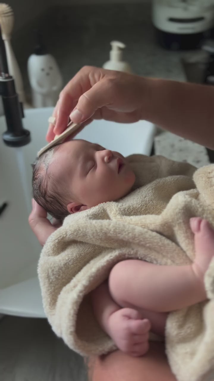 Load video: Mushie® Cradle Cap Brush-2 pack Blush/Shifting Sand