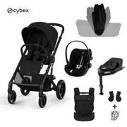 Cybex® Poussette avec nacelle pliable 4-en-1 Balios S Lux + Porte-bébé Amya + Siège auto Cloud G3 + Base IsoFix G3 Moon Black (+ Housse de pluie)