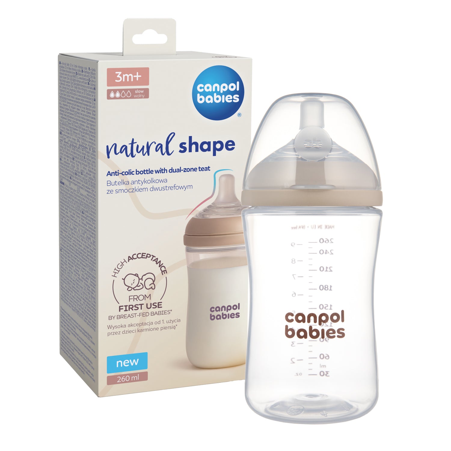 Canpol babies® Anti-colic steklenička z dvopodročnim cucljem Natural Shape 260ml