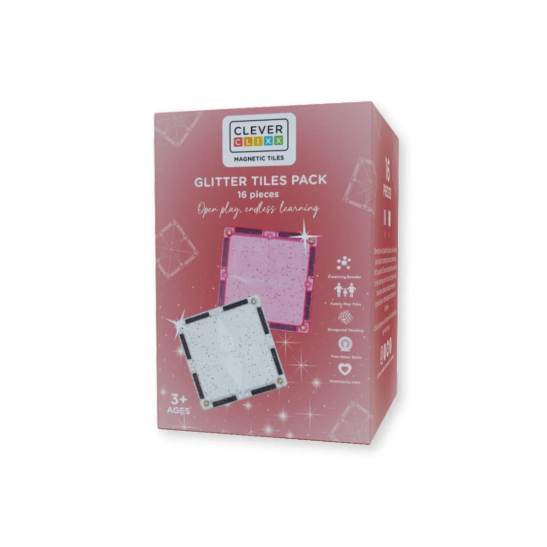 Cleverclixx® Magnetne ploščice Glitter Tiles Pack Transparent Pink 16 kos Cleverclixx