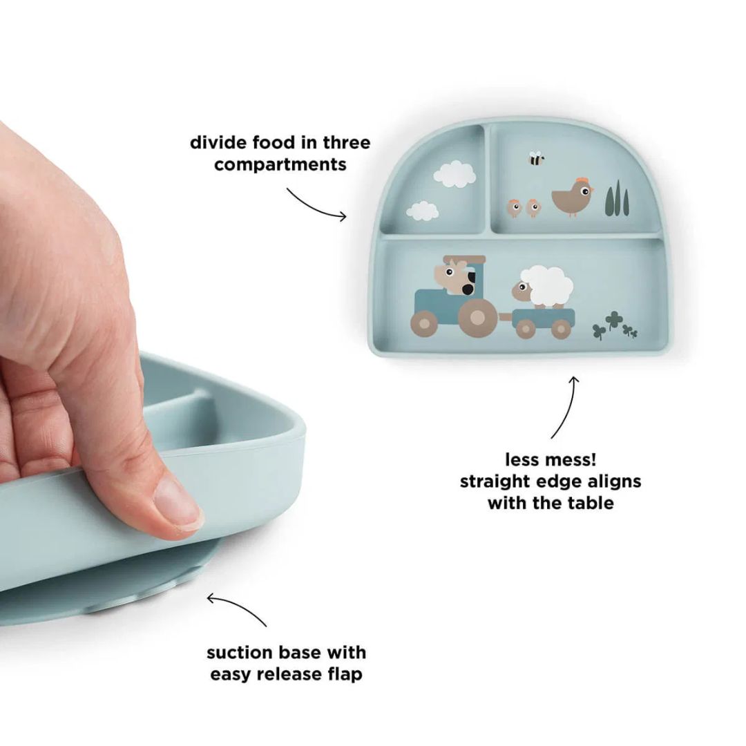 Done by Deer® Otroški deljeni krožnik Stick&Stay Tiny farm Blue Done by Deer