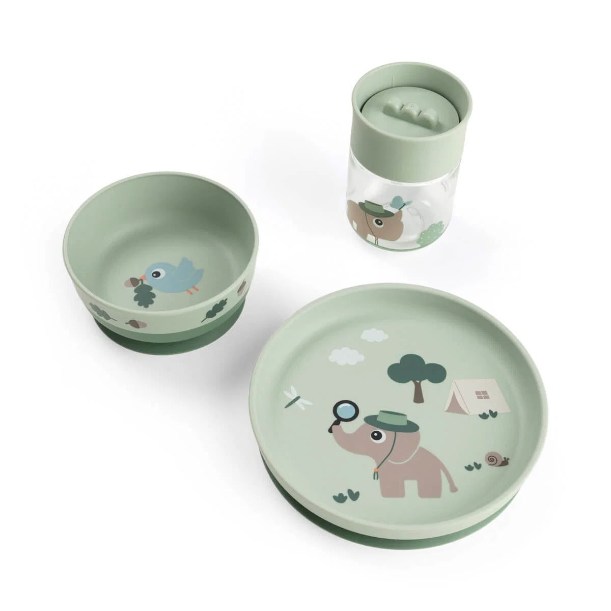 Done by Deer® Foodie dinner set w/360° cup Tiny trails Green