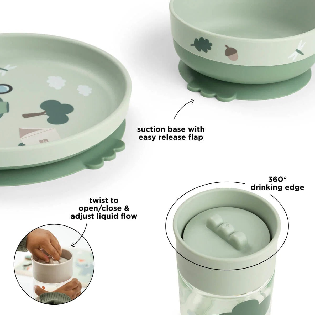 Done by Deer® Foodie dinner set w/360° cup Tiny trails Green