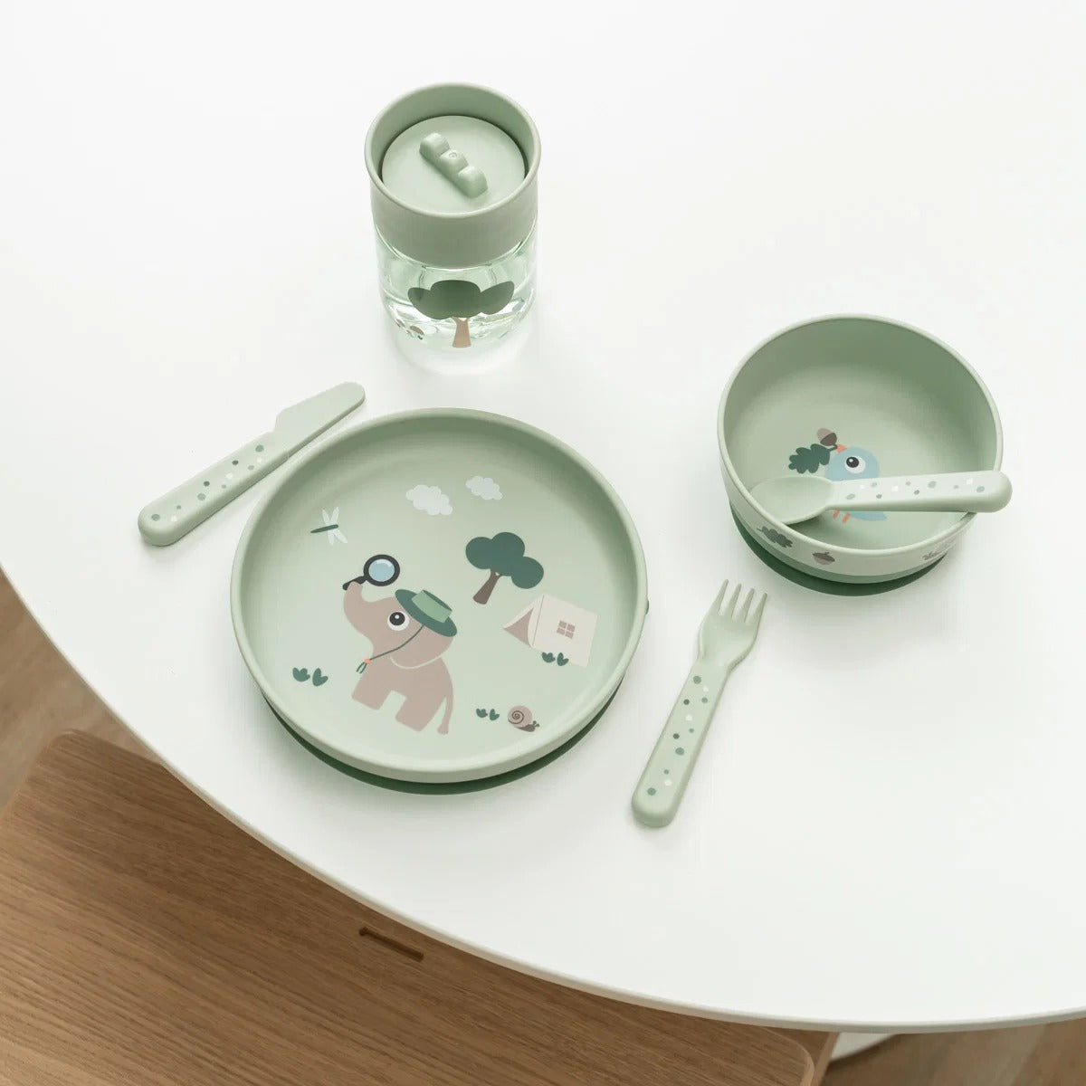 Done by Deer® Foodie dinner set w/360° cup Tiny trails Green