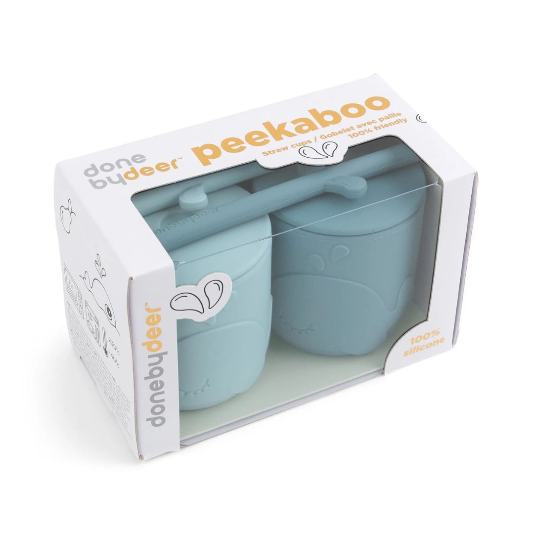 Done by Deer® Silikonski lonček s slamico Peekaboo Wally Blue 2 kosa