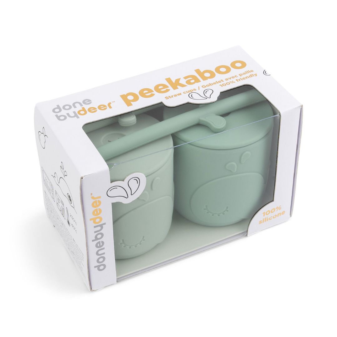 Done by Deer® Silikonski lonček s slamico Peekaboo Wally Green 2 kosa
