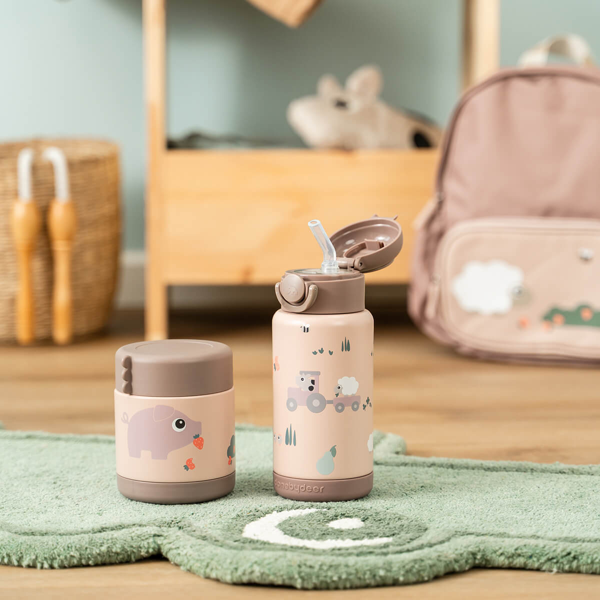 Done by Deer® Termo steklenička s slamico 340 ml Tiny farm Powder Done by Deer