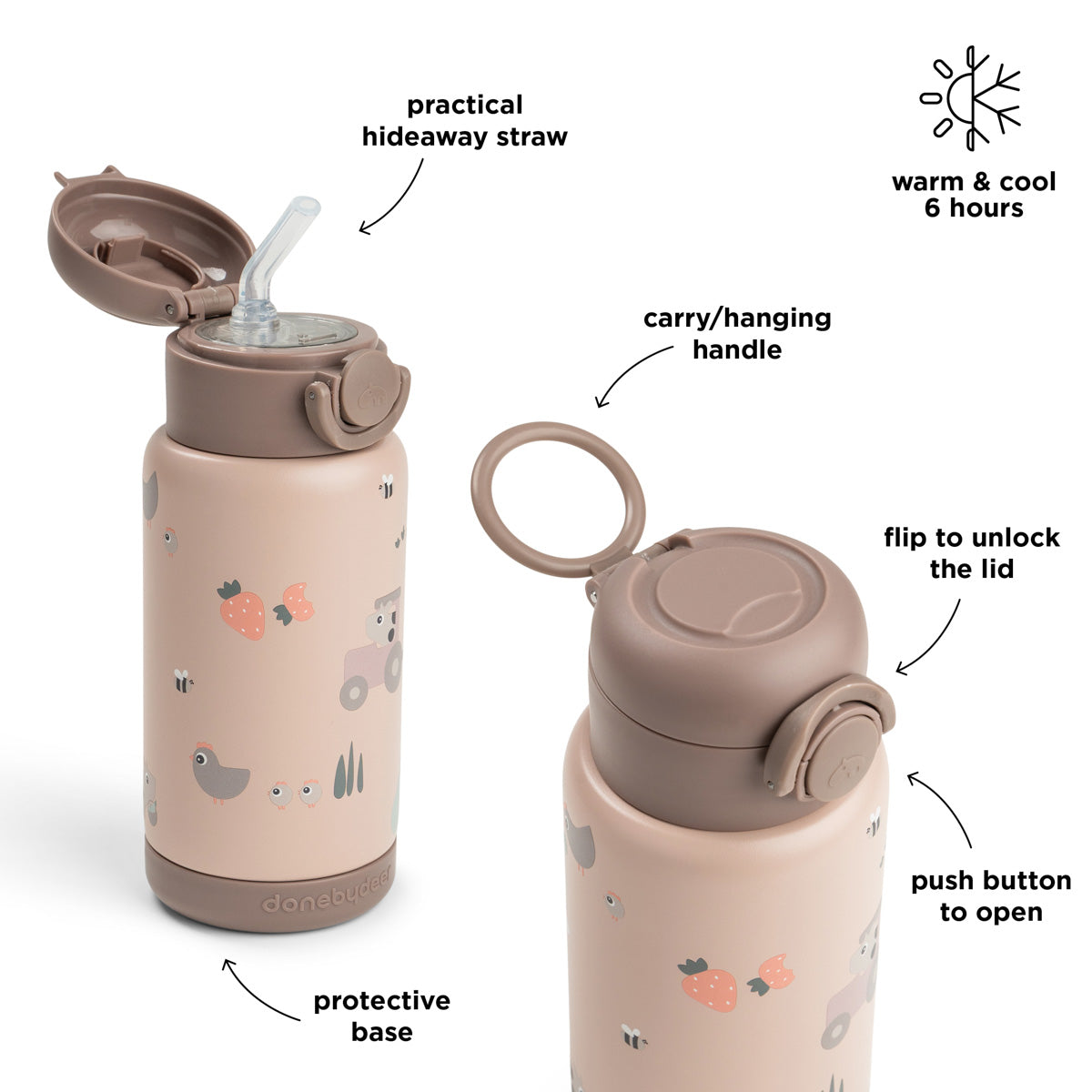 Done by Deer® Termo steklenička s slamico 340 ml Tiny farm Powder Done by Deer