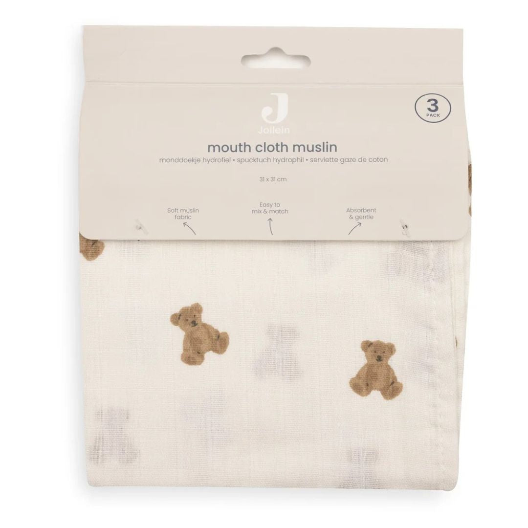 Jollein® Lot de 3 langes tetra Mini Teddy Bear 31x31
