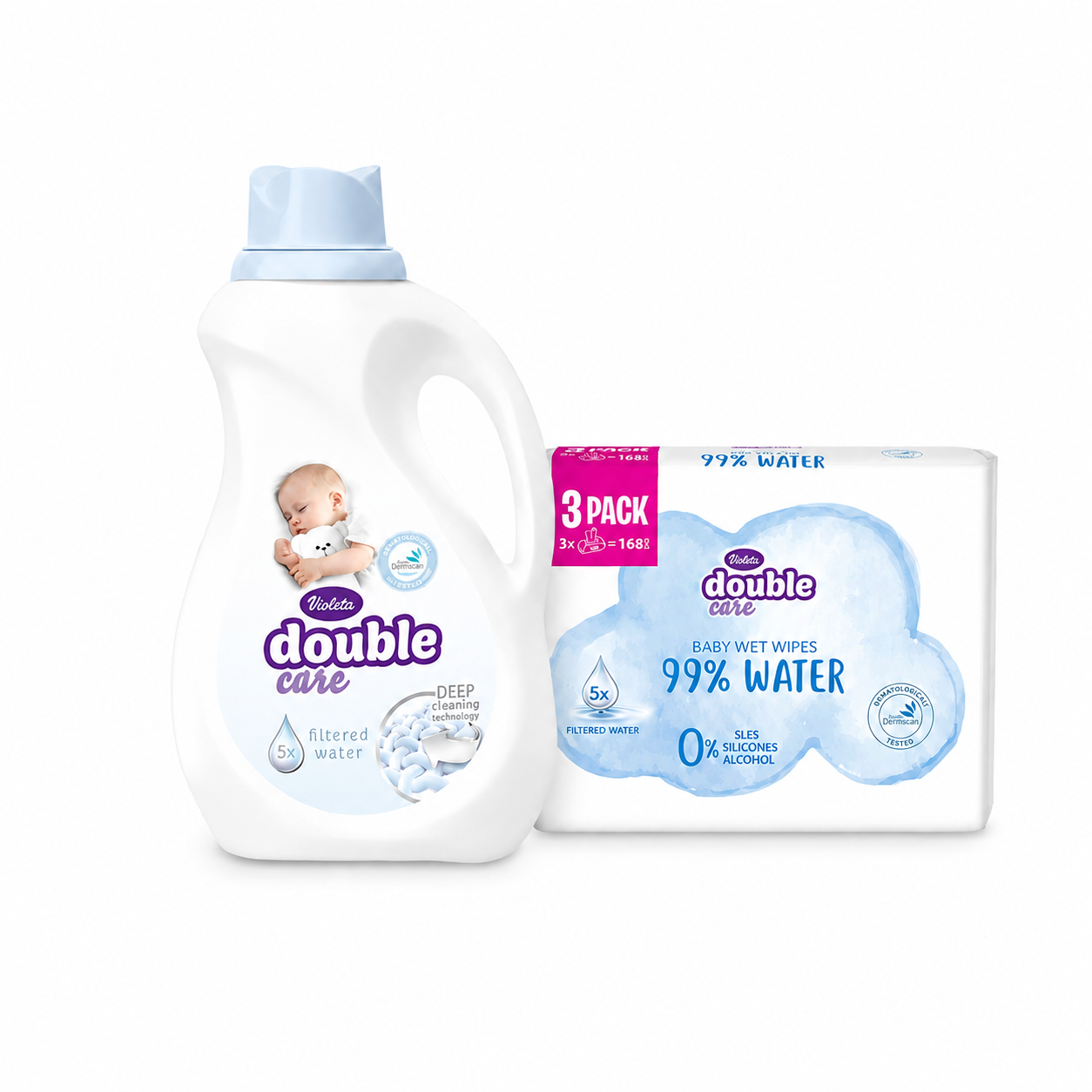 Violeta® Double Care Baby Lessive 1000ml + Lingettes Humides pour Bébé Water Care 3x56/1