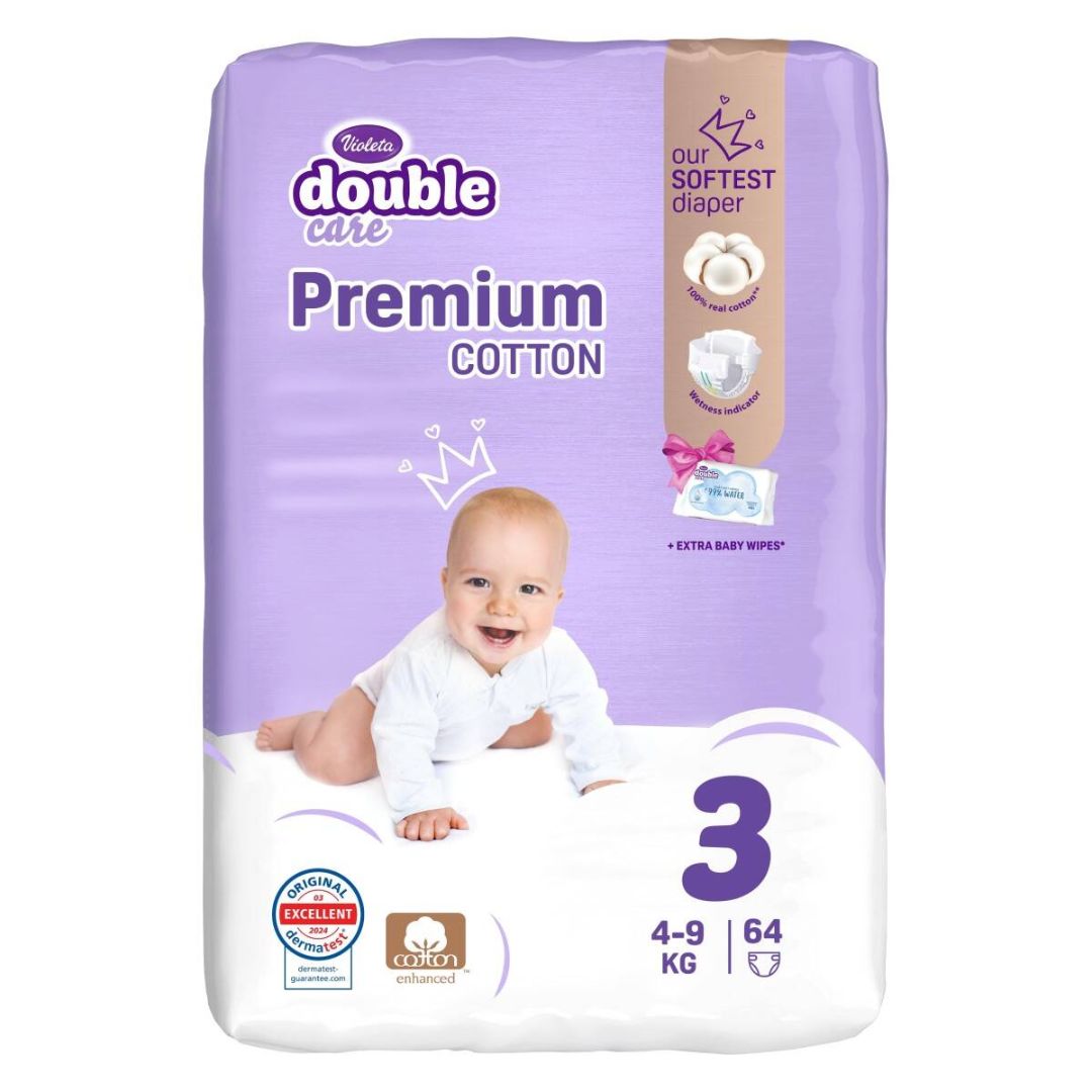 Violeta® Plenice Cotton Touch 3 Midi (4-9 kg) 64 kosov + Vlažilni robčki Water Care Violeta