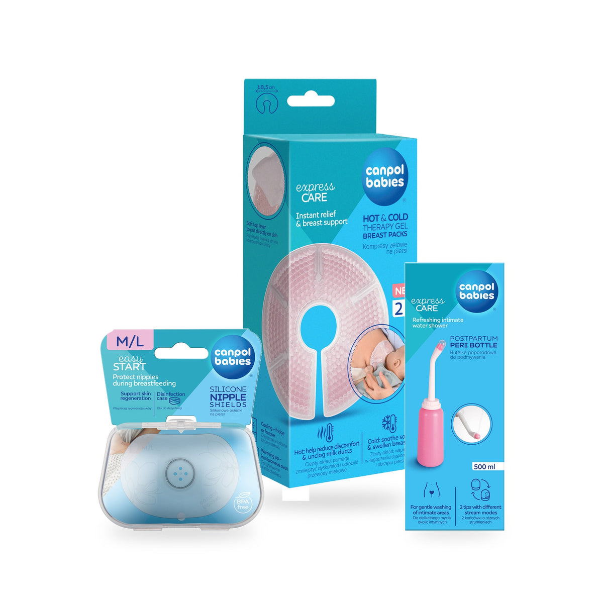 Canpol babies® Postpartum Set: Nipple Shields, Compresses and Peri Bottle M/L