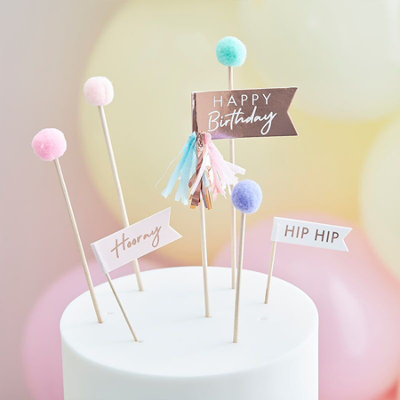 Slika Ginger Ray® Okraski za slaščice Mix It Up Happy Birthday Pom Poms  Pastel 12 kosov